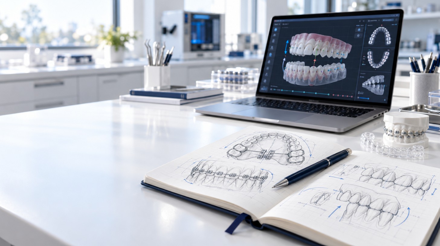 Postazione di lavoro per la progettazione ortodontica digitale con modelli, allineatori e scansione 3D